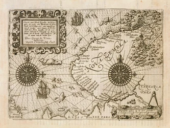 Mapa nově objevené Nové Země, ilustrace z Diarium Nauticum, seu vera descriptio trium navigationum admirandarum... od Gerrita de Veera, 1598