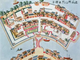 Plán holandské továrny na ostrově Desima v Nagasaki, z ilustrací Japonska od Isaaca Titsingha (asi 1740-1812), vydáno v Londýně, 1822
