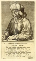 Portrét Huberta van Eycka (1366-1426) deska 1 ze série portrétů umělců, vyryl Theodor Galle (1571-1633)