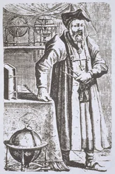 Portrét Williama Postela (1510-81), z jeho De Universitate, Leyden, 1643, ilustrovaný v Historii magie, vydané koncem 19.