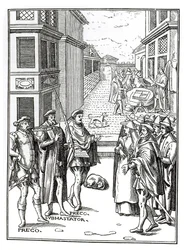 Prodej od Town Crier, po dřevorytu v Praxis Rerum Civilium od Joose de Damhoudera (1507-81), vydaný Antverpy, 1557