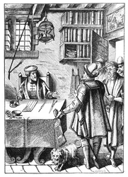 Příjemce daní, po dřevorytu v Praxis Rerum Civilium od Joose de Damhoudera (1507-81), vydaný v Antverpách, 1557