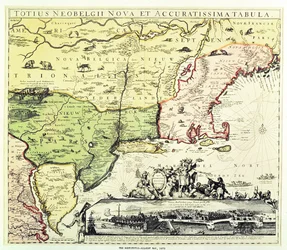 Mapa Restitutio-Allardt New Amsterdam, rytá a hospoda. od Carolus Allardt, 1673 (mědirytina)