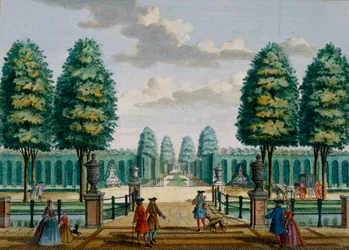 Pohled z domu směrem k přední bráně, Meerestein, z Het Zeganpralent Kennemerlant od Hendricka de Letha a Matthiase Brouerius Van Nidek, vydáno kolem 1700-1730