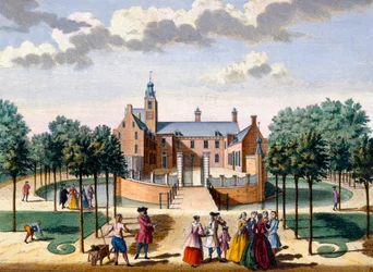 Pohled na dům v Adrichemu, z knihy Het Zeganpralent Kennemerlant od Hendricka de Letha a Matthiase Broueria Van Nideka, vydané asi v letech 1700-1730.