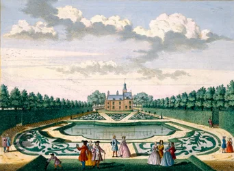Pohled na dům Adrichem se zahradou a velkým rybníkem, z Het Zeganpralent Kennemerlant od Hendricka de Letha a Matthiase Brouerius Van Nidek, vydáno kolem 1700-1730