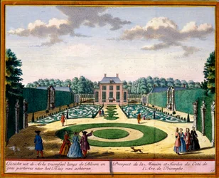 Pohled na dům a zahradu poblíž vítězného oblouku, z Het Zeganpralent Kennemerlant od Hendricka de Letha a Matthiase Brouerius Van Nidek, vydáno kolem 1700-30