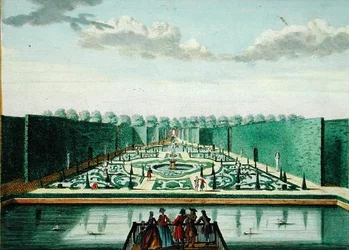 Pohled na amfiteátr za domem v Assumburgu, z „Het Zeganplant Kennemerlant“, od Hendricka de Letha a Matthiase Brouerius Van Nidek, vydáno kolem 1700-1730 (barevná rytina)