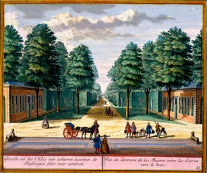 Pohled na zadní část domu mezi stájemi, z Het Zeganpralent Kennemerlant od Hendricka de Letha a Matthiase Brouerius Van Nidek, vydáno kolem 1700-30