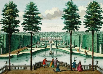 Pohled do zahrady z domu, Watervliet, z Her Zeganplant Kennemerland, od Hendrik de Leth a Matthias Brouerius Van Nidek, vydáno kolem 1700-1730 (viz také 172308, 1723