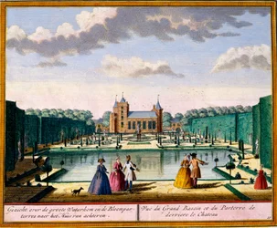 Pohled na velkou pánev a parter v zadní části domu, z Get Zeganpralent Kennemerland od Hendrik de Leth a Matthias Brouerius Van Nidek, vydáno kolem 1700-30