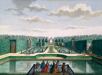 Pohled na parter a triumfální oblouk, Meerestein, z knihy Het Zeganpralent Kennemerlant od Hendricka de Letha a Matthiase Broueria Van Nideka, vydané asi v letech 1700-1730.