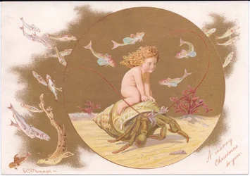 Viktoriánské vánoční přání kraba poustevníka ve skořápce, který jede na vodní hladině obklopené hejnem ryb, od Gertrude Thompsonové, kolem roku 1895 (barva litho)