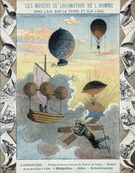 Aerostation - Projekt létajícího člunu Pierra de Lana - Létající letadlo Besniera (1678) - Balón - Balón - Balón vzducholodě - ilustrace E Letelliera - Chránit historický zápisník, konec 19. století