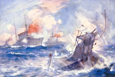 Potopení německé ponorky U15 od HMS Birmingham (barevné lito)