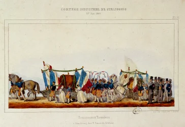 Tanec sládků a bednářů během průmyslového průvodu ve Štrasburku 25.6.1840. Simonova litografie