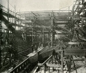 Stavba válečné lodi: Prvotřídní křižník v procesu v železárnách Thames, c1897