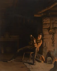 Chlapectví Lincolna. (Večer ve srubu.), 1868 (chromolitografie na papíře na desce)