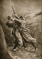 Vojín Lavin zápasící s tureckým bombardérem v britské míze v Suvla Bay, Gallipoli