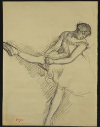 Sedící tanečnice, úprava punčochy, kolem roku 1880