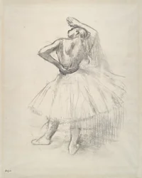 Tanečnice ve stoje, pravá paže vztyčená, kolem roku 1891 (protinákres kresby na papíře)