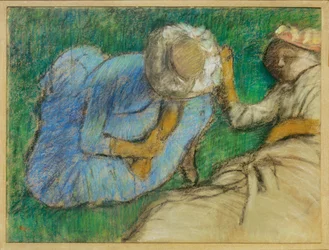 Mladé ženy odpočívající na louce (pastel na papíře)