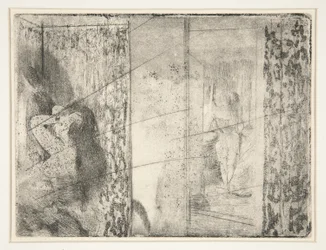 Loges d’Actrices (Šatny hereček), kolem roku 1875 (lept a akvatinta)