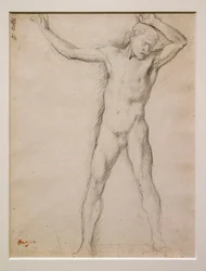 Nahá tvář, ruce zvednuté, asi 1859-1861. Grafit na velínovém papíře.
