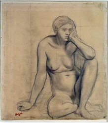 Sedící nahá žena Studie pro „Scene de guerre au Middle Ages““ Kresba Edgara Degase (1834-1917) Rozm. 0,27 x 0,31 m Paříž. muzeum Louvre