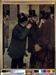 Portréty na burze neboli „“A la Bourse“: reprezentace Ernesta Maye (1845-1925), finančníka a sběratele. Obraz Edgara Degase (1834-1917). 1878-1879. Rozměr: 1,00 x 0,82 m. Paříž, Musee d