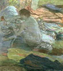 Sedící žena sušící si nohy, kolem roku 1893