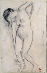 Studie nahé ženy představující ""scénu de guerre au středního věku"". Kresba Edgara Degase (1834-1917), cca 1863-1865). Rozměr: 0,35 x 0,22 m. Paříž, Musee d