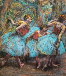 Tři tanečnice (modré sukně, červené živůtky). Kolem 1903. Pastel na papíře lepidlo na kartonu.