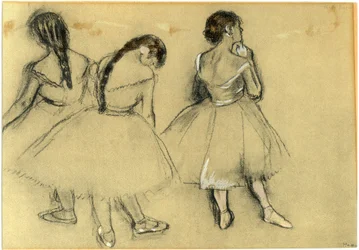 Tři tanečnice: uhel a pastel na papíře (kolem 1880), Edgar Degas (1834-1917) - soukromá sbírka - tanec, balet, tutu, střevíčky, opera - vlasy, účes -