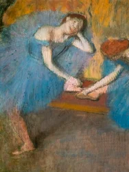 Dva odpočívající tanečníci (také známí jako „Blue dancers“) (detail). Kolem 1898. Pastel na jemném velínovém papíře.