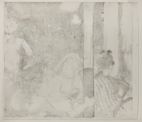 Ženy před kavárnou, večer, cca 1877 (monotyp příbuzný na slonovinovém tkaném papíře)