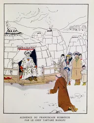 Vilém z Rubruku (asi 1200-asi 1256) před tatarským náčelníkem Möngkem v roce 1251, z knihy „A la Conquete du Monde Paien“ od Georgese Goyaua (1869-1939), 1933