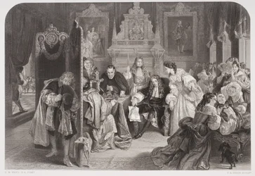 James II (1633-1701) přijímající zprávy o přistání prince Oranžského, vyryl F.A. Heath