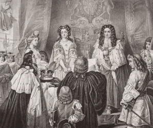 Koruna nabízená Williamovi a Marii Lords and Commons ve Whitehallu, 12. února 1689, z „Ilustrace anglické a skotské historie“ svazek II