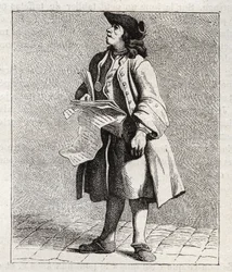Křik vítězů čísel (Loto) - Petity metier de Paris (Studie provedené v nižších lidech neboli Cris of Paris) - rytina Edma Bouchardona (1698-1762)