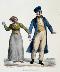 Prostituce: „“Řekni tak hezký muž““ – Populární scény Edme Jean Pigal (1798-1872), litogafie 1824 – Musee Dobree, Nantes