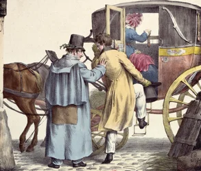 Kam jdeme?...Vždy rovně, karikatura ze série Moeurs Parisiennes, vyrytá Langlumeem, kolem roku 1825