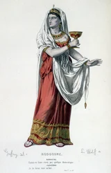 Postava Kleopatry v tragédii Rodogunská princezna des Parthes - Plné divadlo: (Sbírka her Corneille) kresba Geffroy, rytina L. Wolff - ed. Laplace, Sanchez et Cie, Paříž 1884