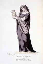 Postava Cornelie v divadelní hře La mort de Pompee - Divadelní komplet: (Kompendium her Corneille) kresba Geffroy, rytina Colin - ed. Laplace, Sanchez et Cie, Paříž 1884