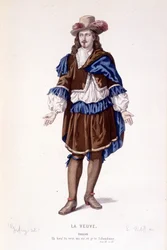 Postava Filišta v La veuve ou le traitre zrazená - Divadelní komplet: (Sbírka her Corneille) kresba Geffroy, rytina L. Wolff - ed. Laplace, Sanchez and Co., Paříž 1884