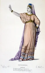 Postava Sophonisbe v tragédii Sophonisbe - plné divadlo: (Sbírka her Corneille) kresba Geffroy, rytina L. Wolff - ed. Laplace, Sanchez et Cie, Paříž 1884