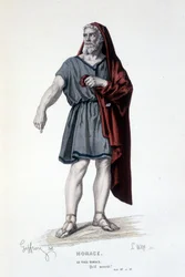 Postava starého Horáce v tragédii Horace - plné divadlo: (Sbírka her Corneille) kresba Geffroy, rytina L. Wolff - ed. Laplace, Sanchez et Cie, Paříž 1884