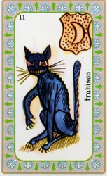 tarot od mága Belline nakreslil Edmond Billaudot c. 1845 a předána jasnovidce Belline k opětovnému vydání: karta zrady: kočka