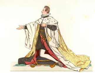 Cosme II de Medicis (1590-1621), velkovévoda z Toskánska (Itálie) - Litografie podle ilustrace Edmonda Lechevallier-Chevignarda (1825-1902), z „Historických kostýmů ze 16.