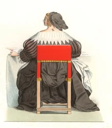 Francouzka 17. století, podle rytiny Abrahama Bosse (1602-1676) - Litografie podle ilustrace Edmonda Lechevalliera-Chevignarda (1825-1902) z knihy "Costumes historiques des 16th".